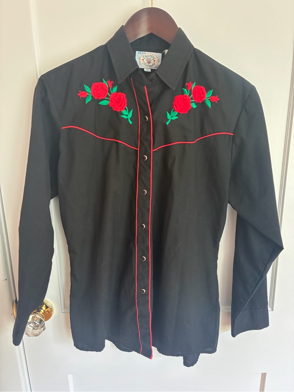 Vintage Western Shirt with Red Rose Embroidery